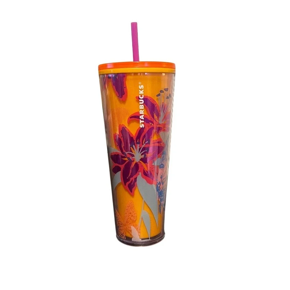Starbucks Floral Butterfly Orange Cold Cup Tumbler 24 oz w/ Straw Lid